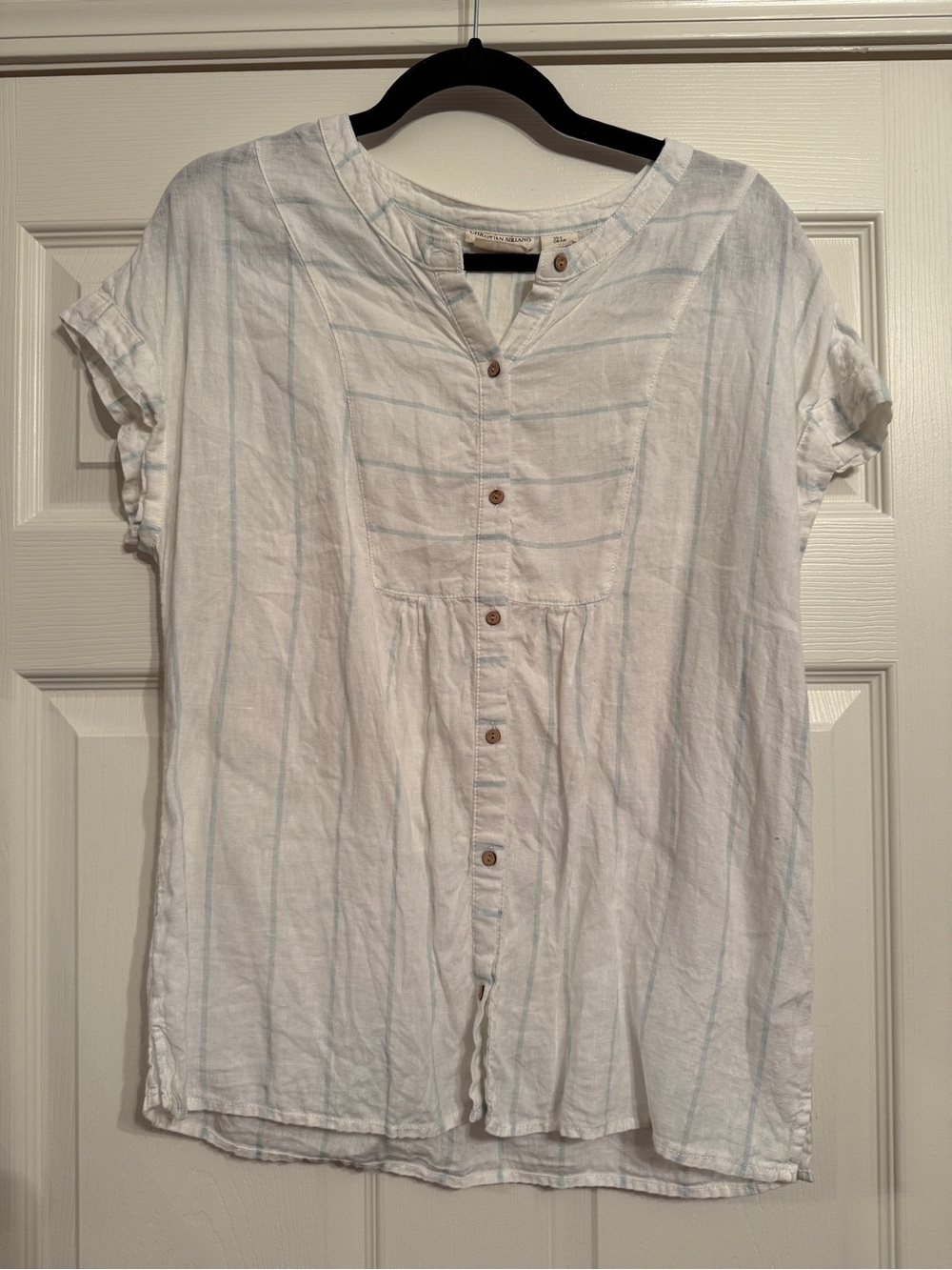 Christian Siriano New York Linen Blue Striped Button-Front Women's Top Small